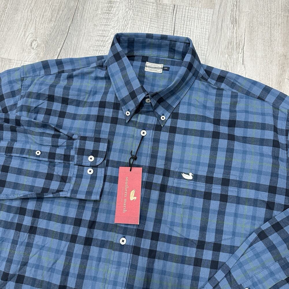 NWT Southern Marsh Plaid Shirt Mens XXL Blue Plaid Boundary Washed Duck Logo